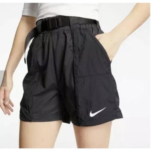 Nike Pants - Nike Women's Glossy Black Loose Fit Woven Belted Shorts Size Medium